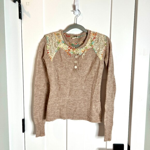 Free People Sweaters - Free People Tan Wool Floral Lace Grandmacore Cottagecore Sweater Vtg Size Small